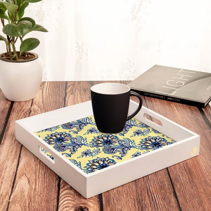 Batik Blue Serving Tray with Cutout Handles (Wood) 12"  x 12"