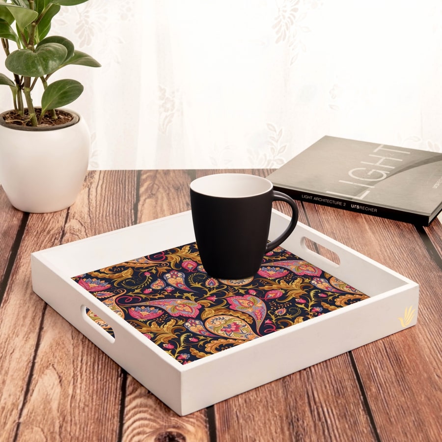Sameera Navy Serving Tray with Cutout Handles (Wood) 12" x 12"