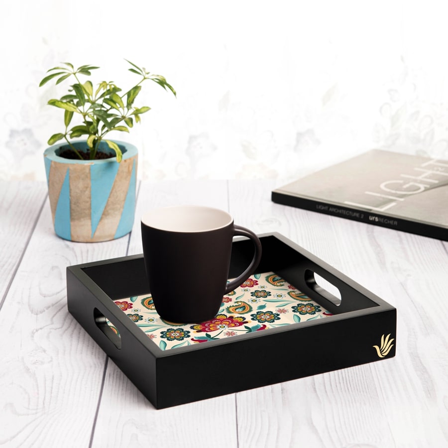 Aradhana Serving Tray with Cutout Handles (Wood) 9" x 9"