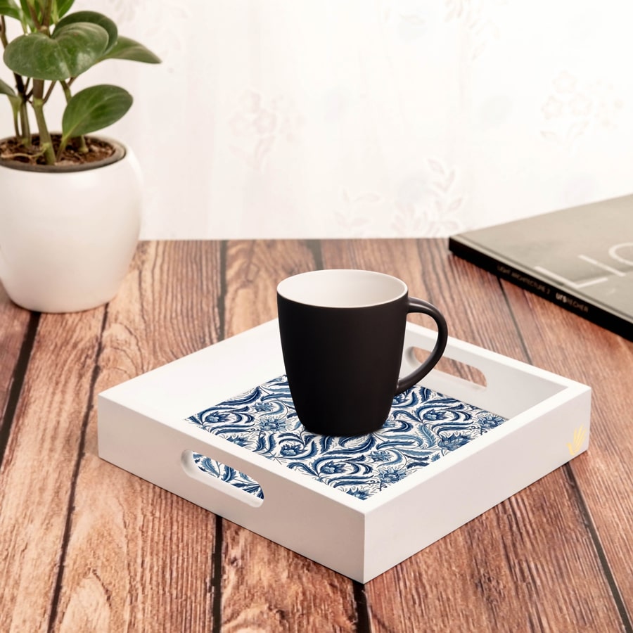Liena Blue Serving Tray with Cutout Handles (Wood) 9" x 9"