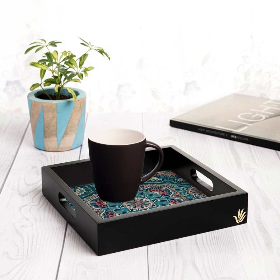 Sheesha Serving Tray with Cutout Handles (Wood) 9" x 9"