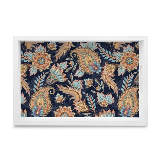 Oriental Paisley Navy Serving Tray with Cutout Handles (Wood) 8" x 12"