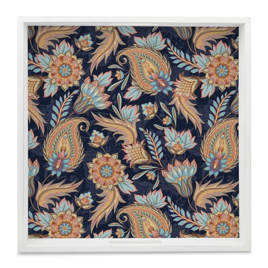 Oriental Paisley Navy Serving Tray with Cutout Handles (Wood) 12" x 12"