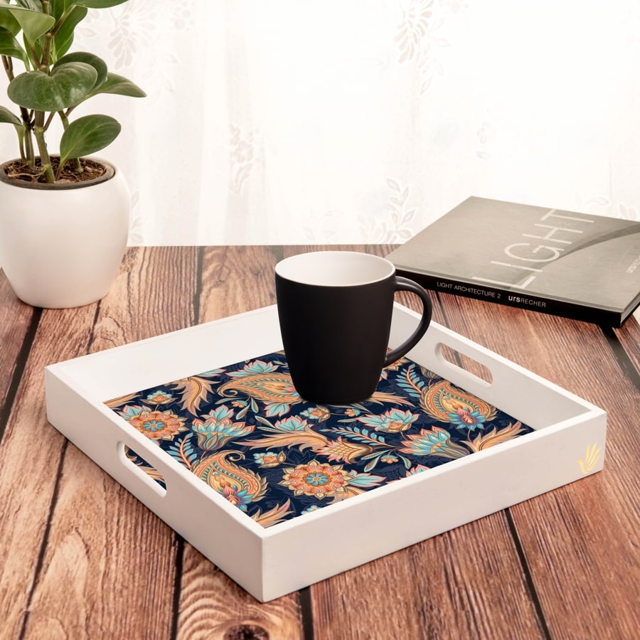 Oriental Paisley Navy Serving Tray with Cutout Handles (Wood) 12" x 12"