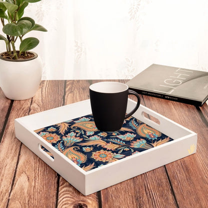 Oriental Paisley Navy Serving Tray with Cutout Handles (Wood) 12" x 12"