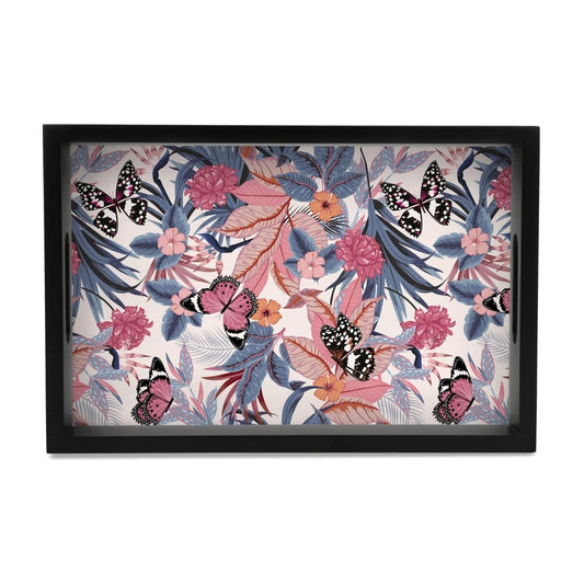 Grey Pink Butterflies Serving Tray with Cutout Handles (Wood) 8" x 12"