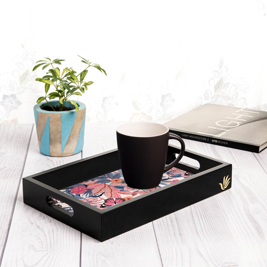 Grey Pink Butterflies Serving Tray with Cutout Handles (Wood) 8" x 12"