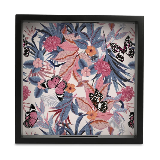 Grey Pink Butterflies Serving Tray with Cutout Handles (Wood) 9" x 9"