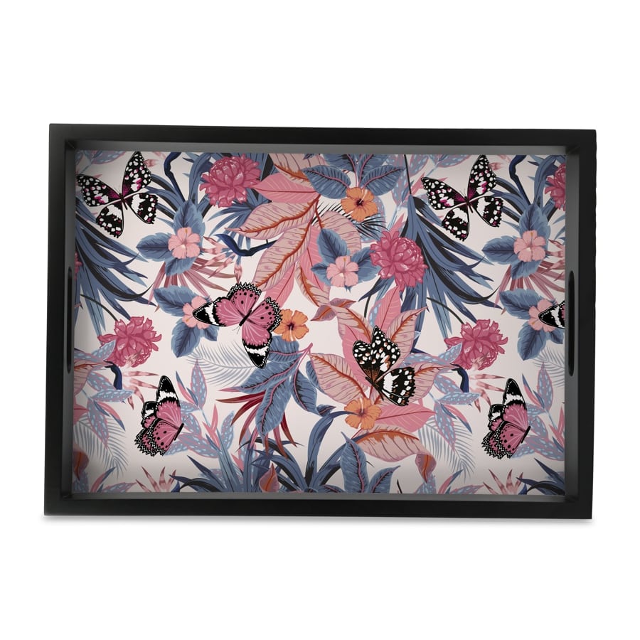 Grey Pink Butterflies Serving Tray with Cutout Handles (Wood) 10" x 14"