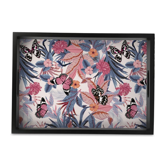Grey Pink Butterflies Serving Tray with Cutout Handles (Wood) 10" x 14"