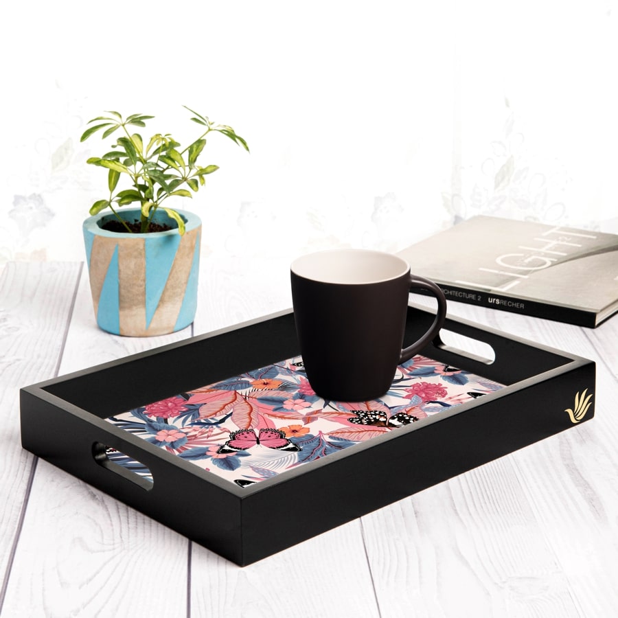 Grey Pink Butterflies Serving Tray with Cutout Handles (Wood) 10" x 14"