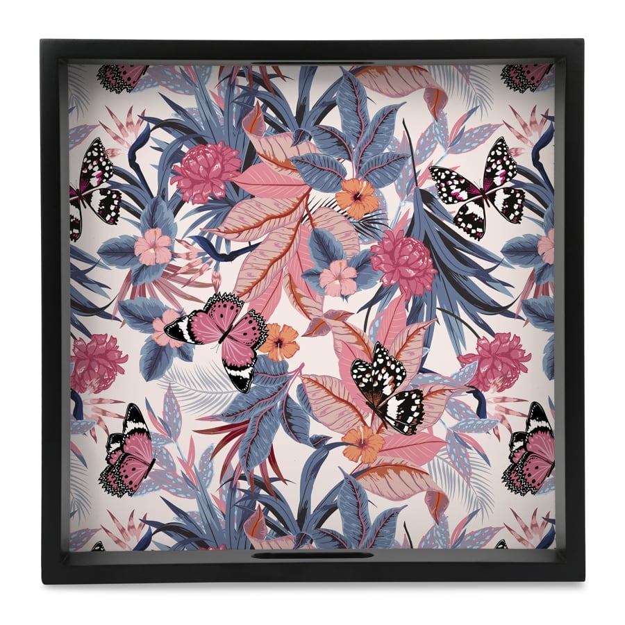 Grey Pink Butterflies Serving Tray with Cutout Handles (Wood) 12" x 12"
