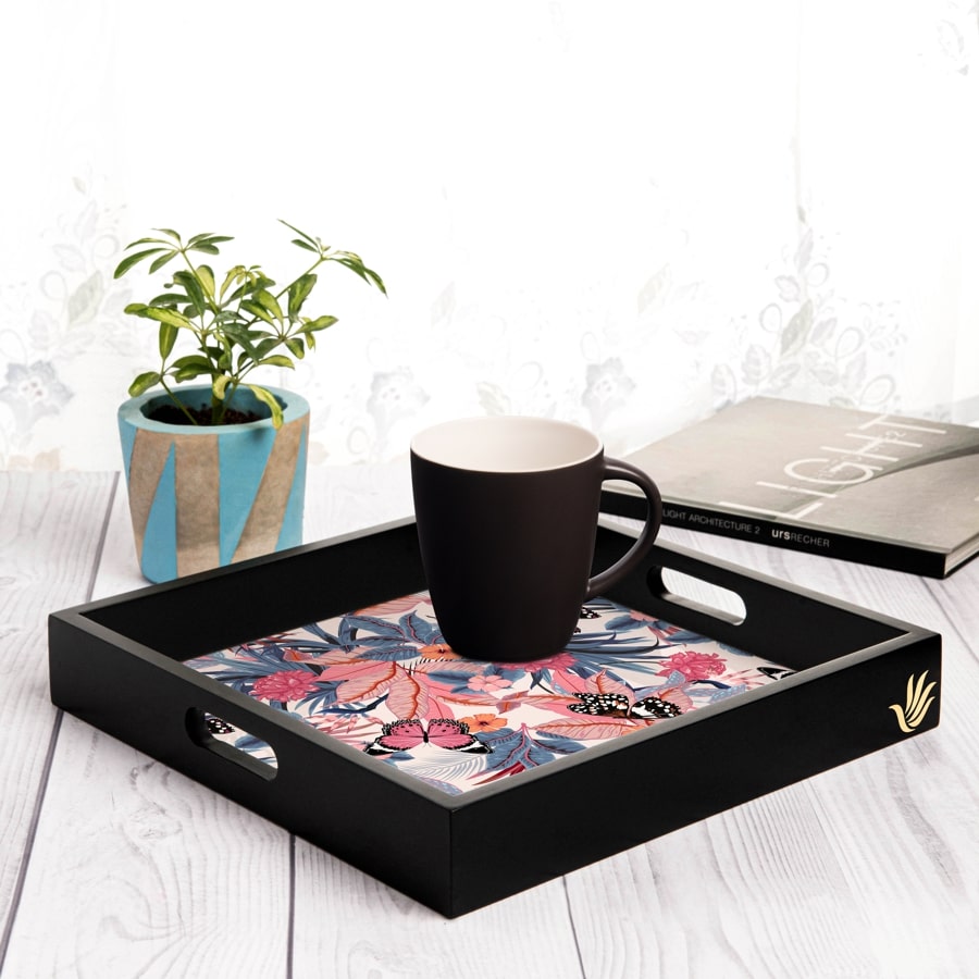 Grey Pink Butterflies Serving Tray with Cutout Handles (Wood) 12" x 12"