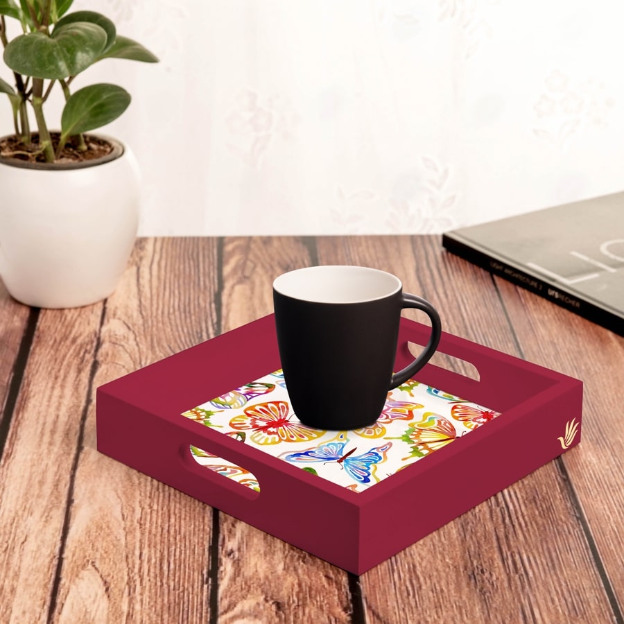 Watercolour Butterflies-R Serving Tray with Cutout Handles (Wood) 9" x 9"