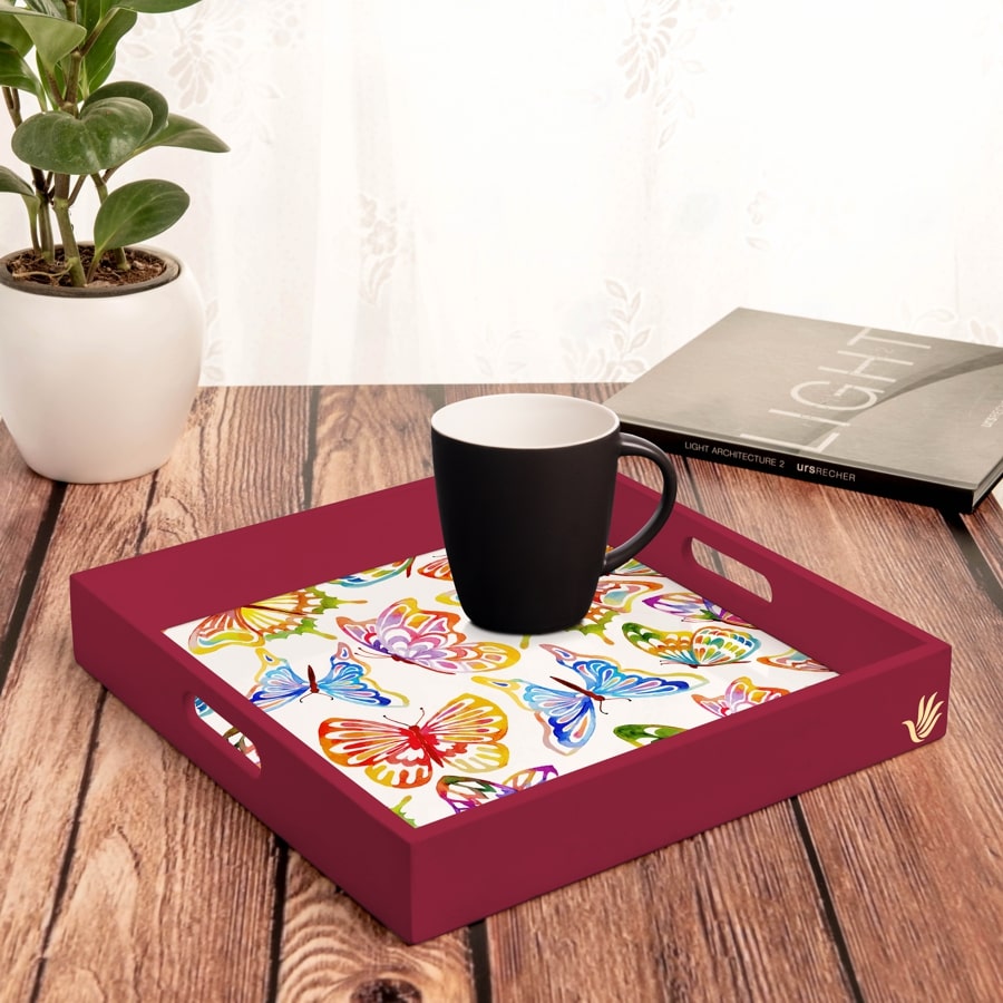 Watercolour Butterflies-R Serving Tray with Cutout Handles (Wood) 12" x 12"