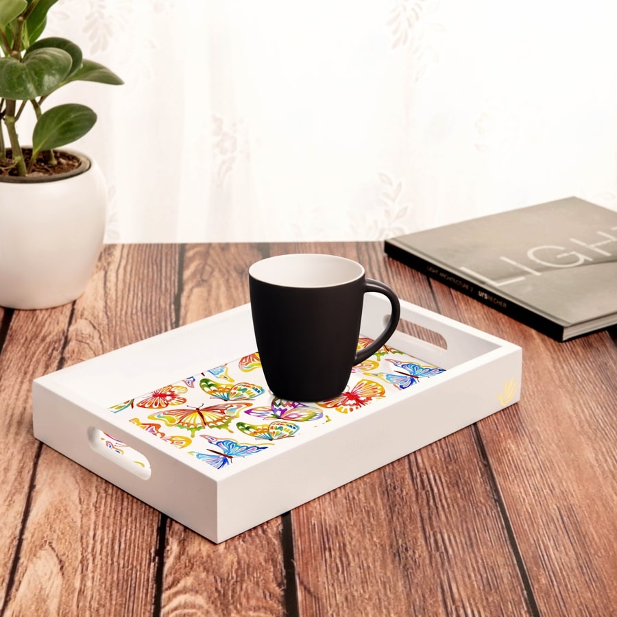 Watercolour Butterflies-W Serving Tray with Cutout Handles (Wood) 8" x 12"