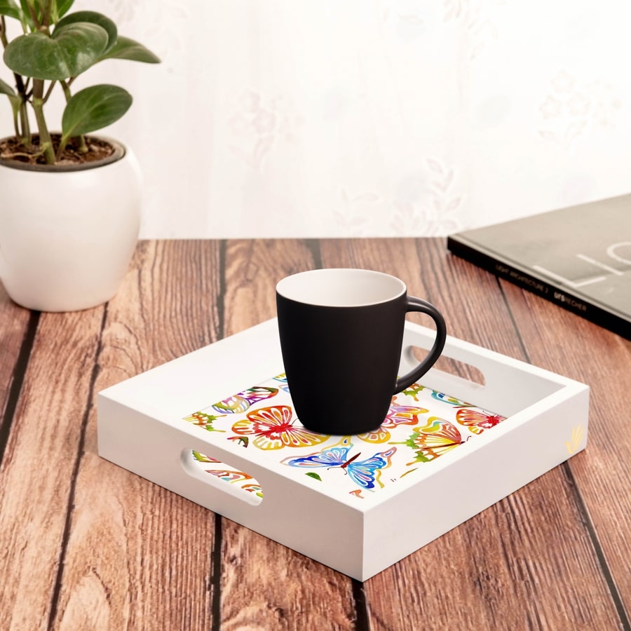 Watercolour Butterflies-W Serving Tray with Cutout Handles (Wood) 9" x 9"