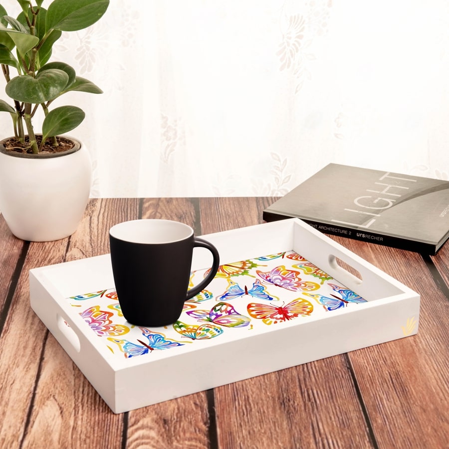Watercolour Butterflies-W Serving Tray with Cutout Handles (Wood) 10" x 14"
