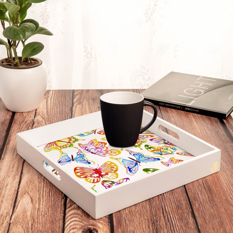 Watercolour Butterflies-W Serving Tray with Cutout Handles (Wood) 12" x 12"