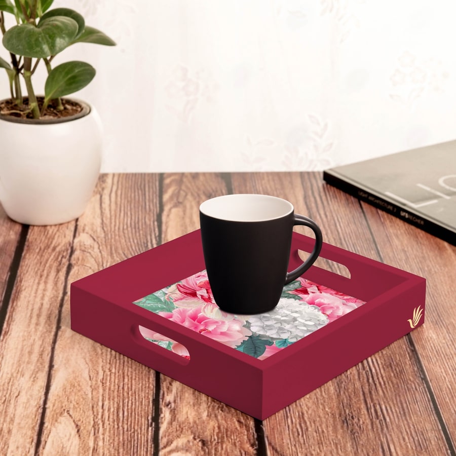 Red Chrysanthemums-R Serving Tray with Cutout Handles (Wood) 9" x 9"