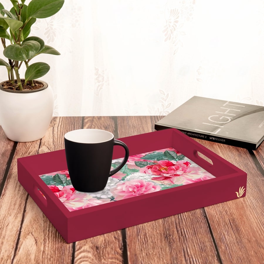 Red Chrysanthemums-R Serving Tray with Cutout Handles (Wood) 10" x 14"