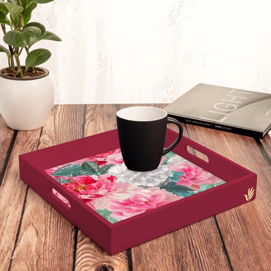 Red Chrysanthemums-R Serving Tray with Cutout Handles (Wood) 12" x 12"