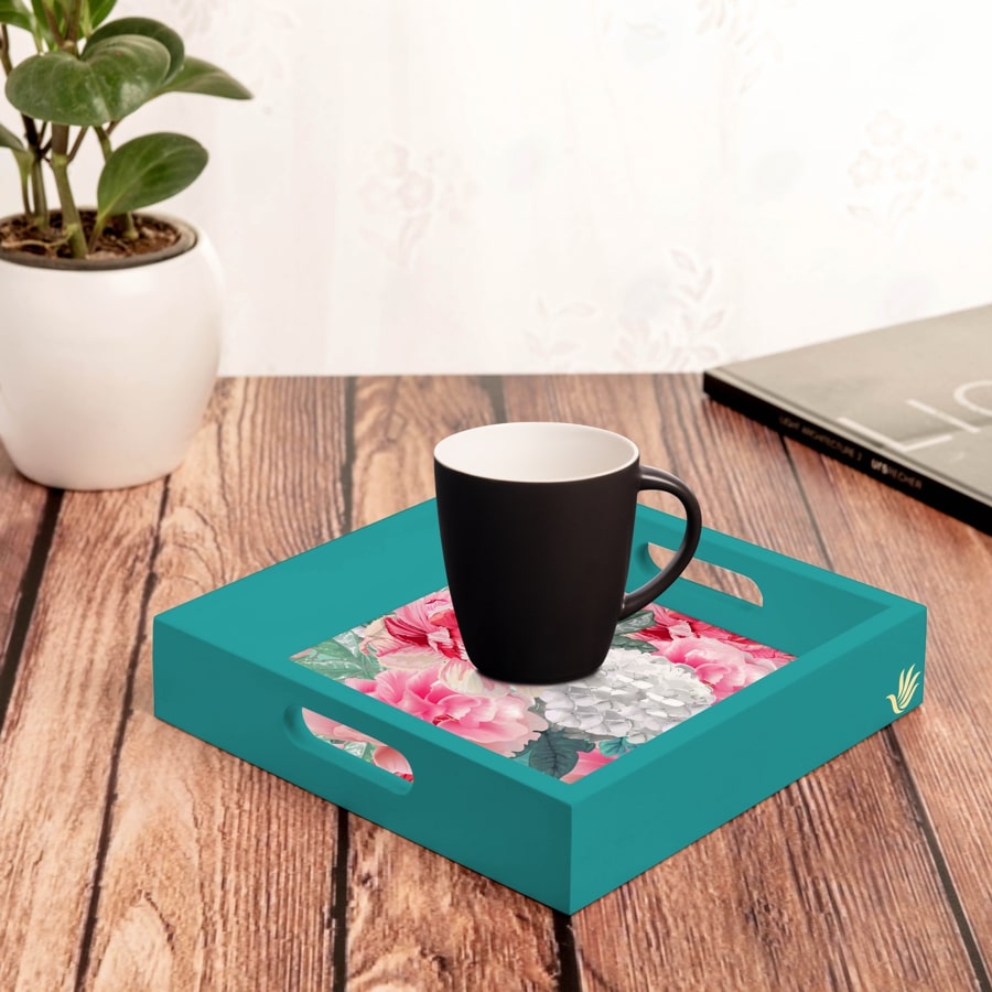Red Chrysanthemums-T Serving Tray with Cutout Handles (Wood) 9" x 9"
