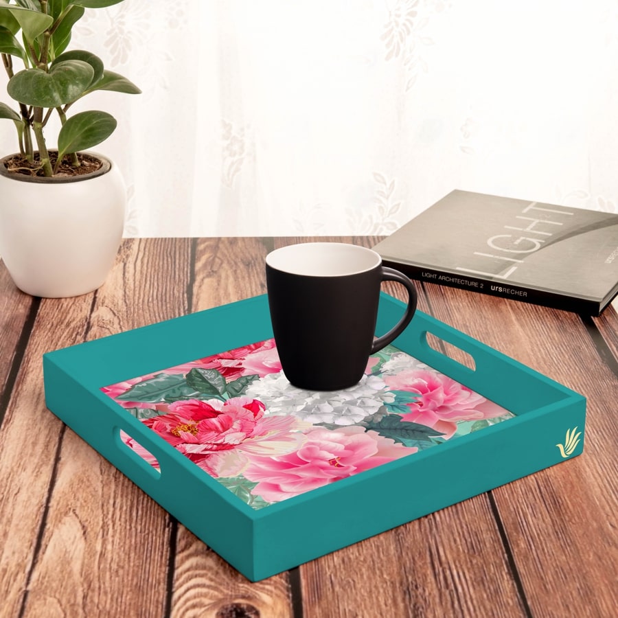 Red Chrysanthemums-T Serving Tray with Cutout Handles (Wood) 12" x 12"