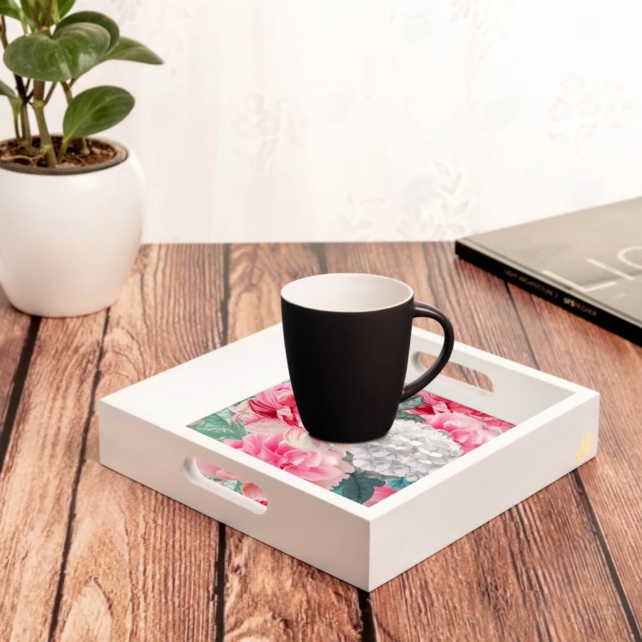 Red Chrysanthemums-W Serving Tray with Cutout Handles (Wood) 9" x 9"