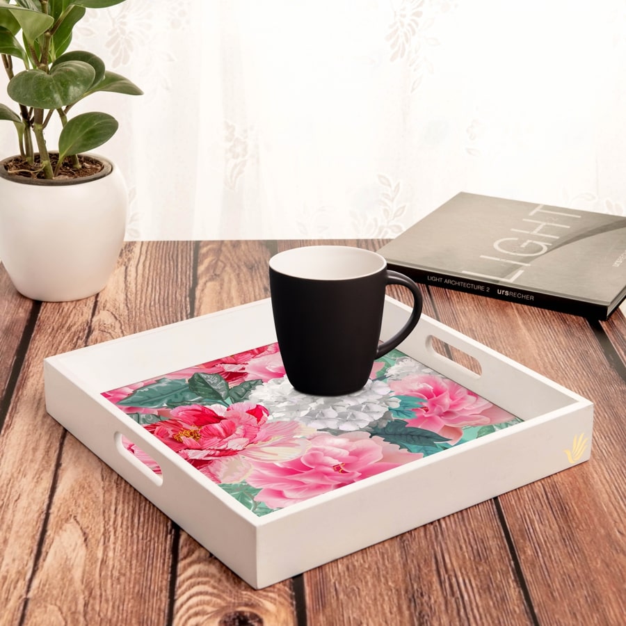 Red Chrysanthemums-W Serving Tray with Cutout Handles (Wood) 12" x 12"