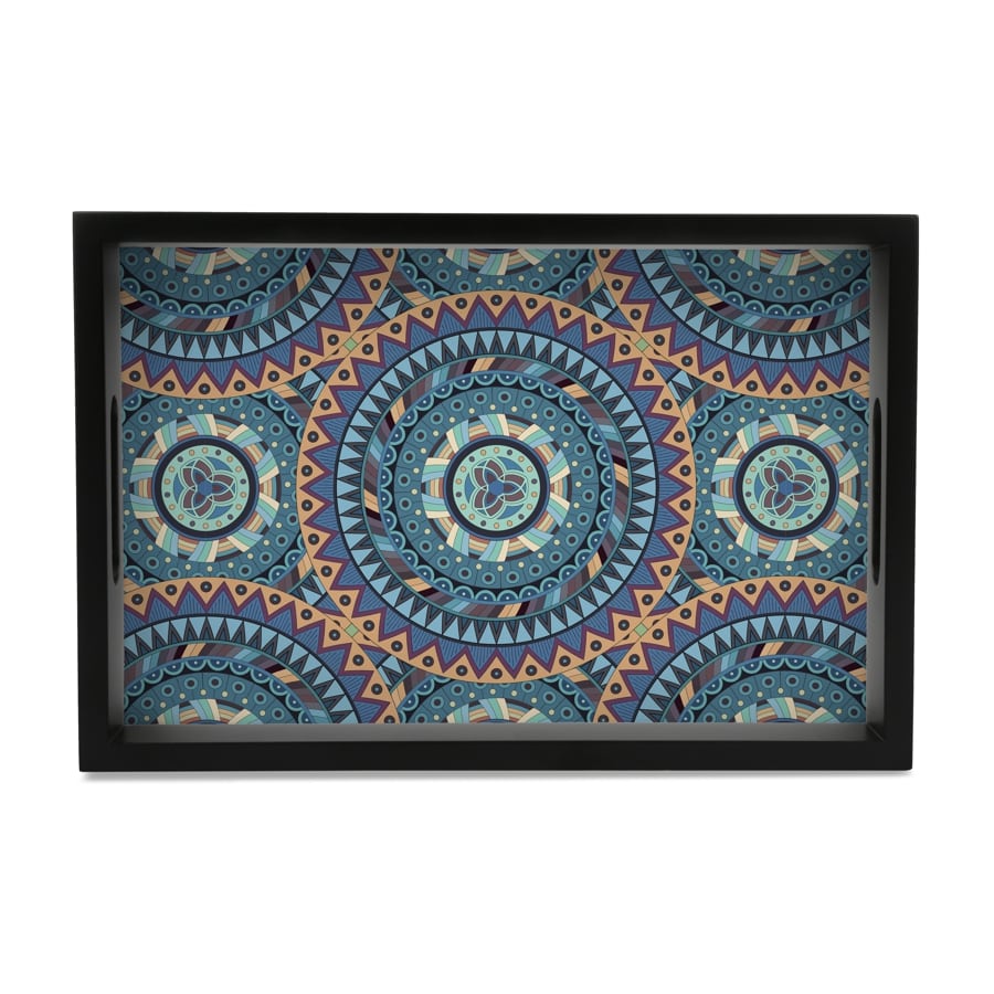 Blue Mandala Rectangular Serving Tray with Cutout Handles, 8" x 12" - Main Image