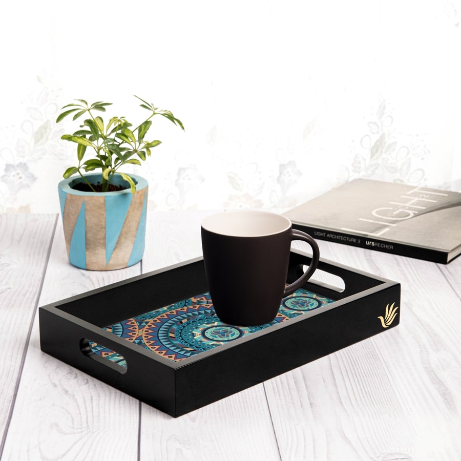 Blue Mandala Rectangular Serving Tray with Cutout Handles, 8" x 12" - Lifestyle Image