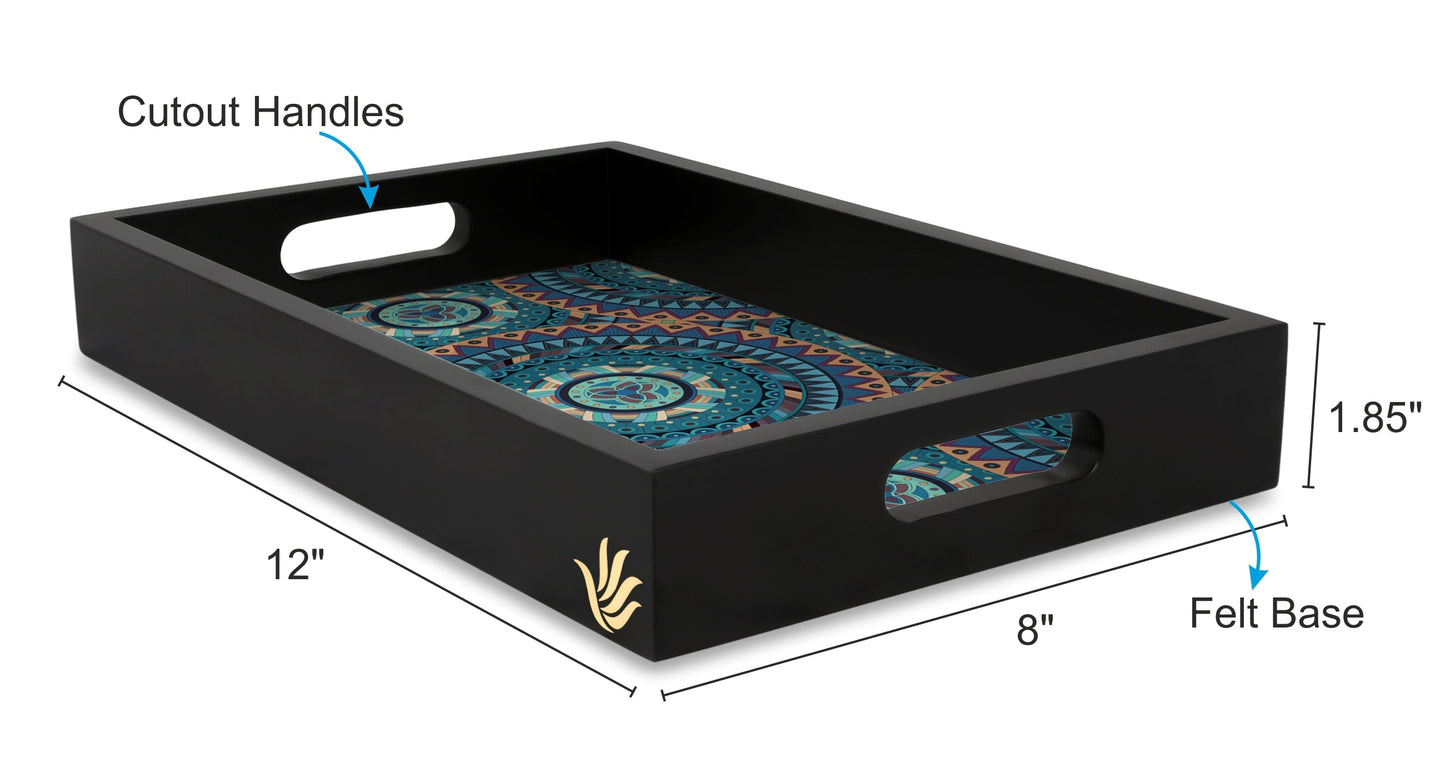 Blue Mandala Rectangular Serving Tray with Cutout Handles, 8" x 12" - Size Image