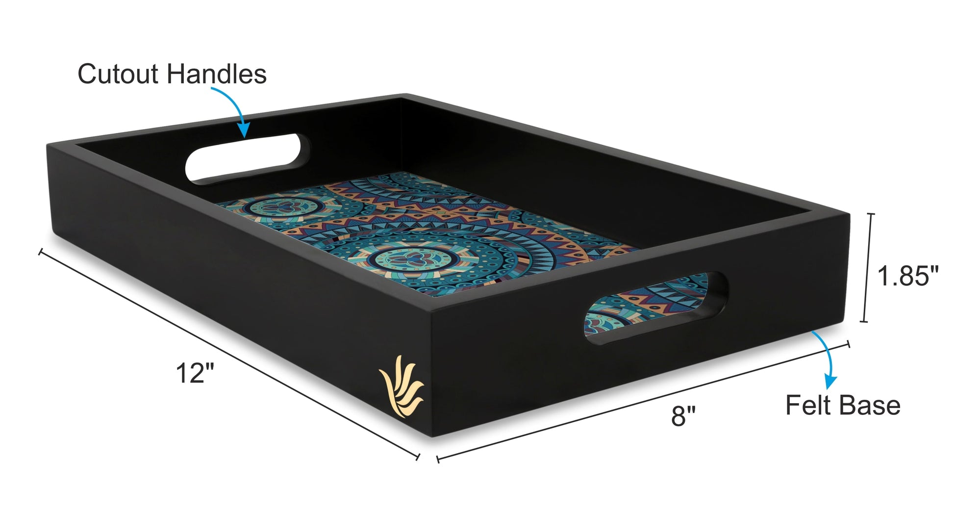 Blue Mandala Rectangular Serving Tray with Cutout Handles, 8" x 12" - Size Image