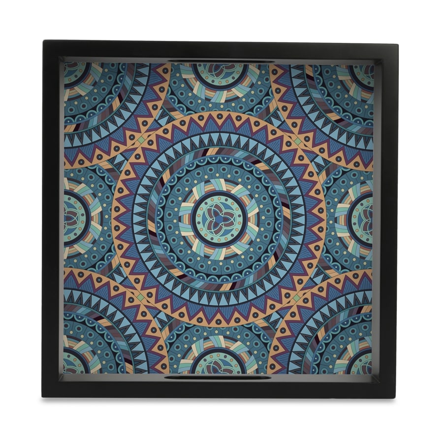 Blue Mandala Serving Tray with Cutout Handles (Wood) 9" x 9"