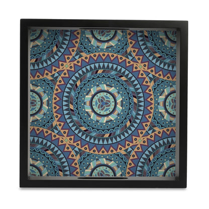 Blue Mandala Serving Tray with Cutout Handles (Wood) 9" x 9"