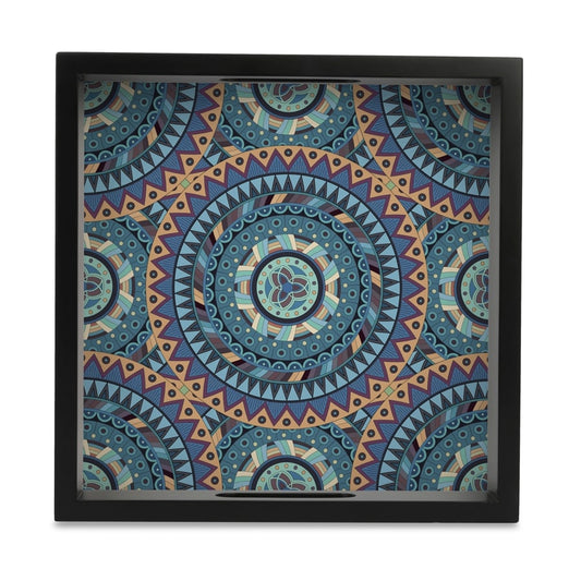 Blue Mandala Serving Tray with Cutout Handles (Wood) 9" x 9"