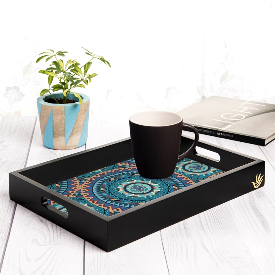 Blue Mandala Rectangular Serving Tray with Cutout Handles, 10" x 14" - Lifestyle Image