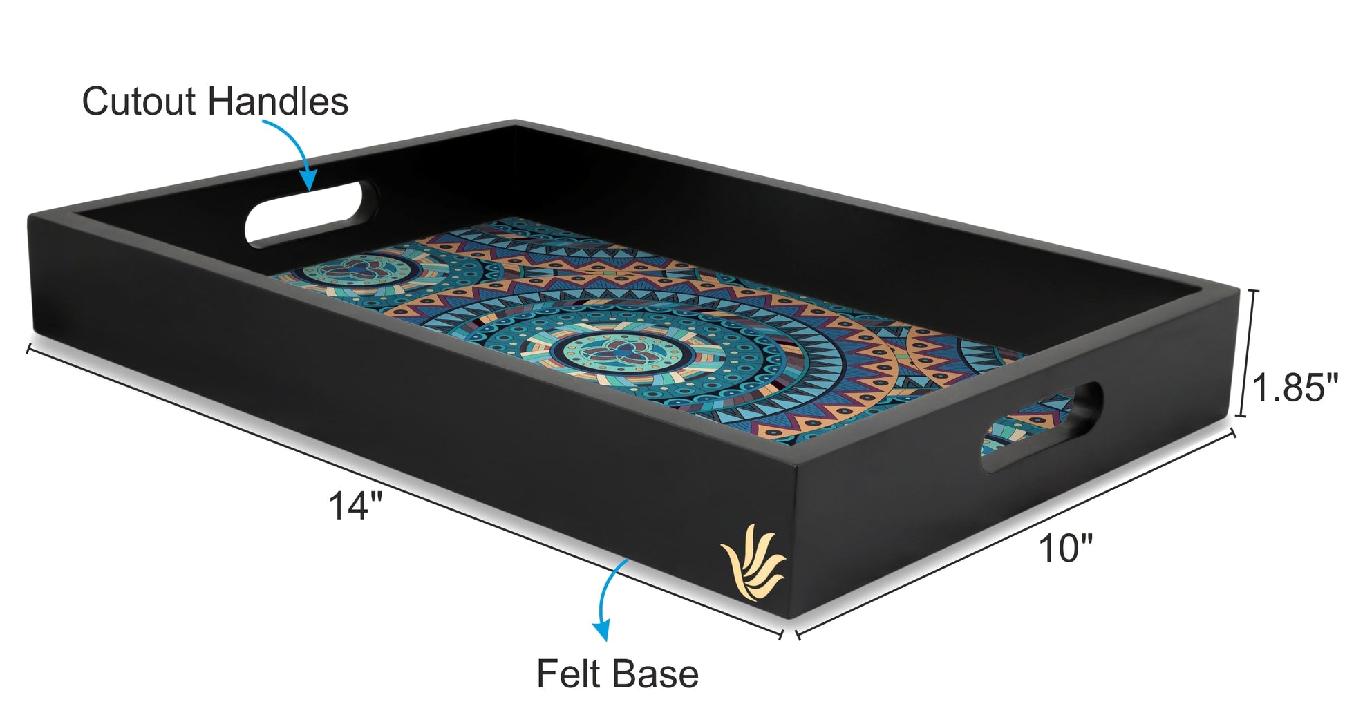 Blue Mandala Rectangular Serving Tray with Cutout Handles, 10" x 14" - Size Image