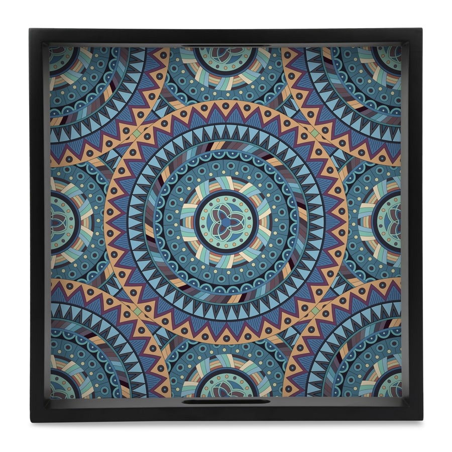 Blue Mandala Serving Tray with Cutout Handles (Wood) 12" x 12"