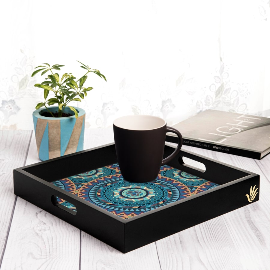 Blue Mandala Serving Tray with Cutout Handles (Wood) 12" x 12"