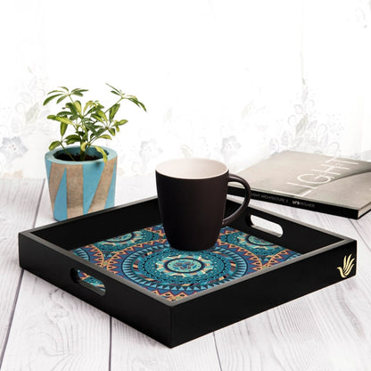 Blue Mandala Serving Tray with Cutout Handles (Wood) 12" x 12"