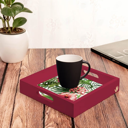Tropical Hibiscus-R Serving Tray with Cutout Handles (Wood) 9" x 9"