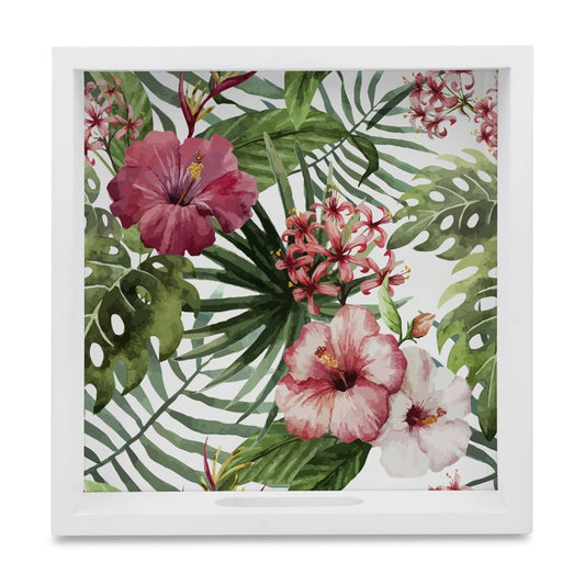 Tropical Hibiscus-W Serving Tray with Cutout Handles (Wood) 9" x 9"