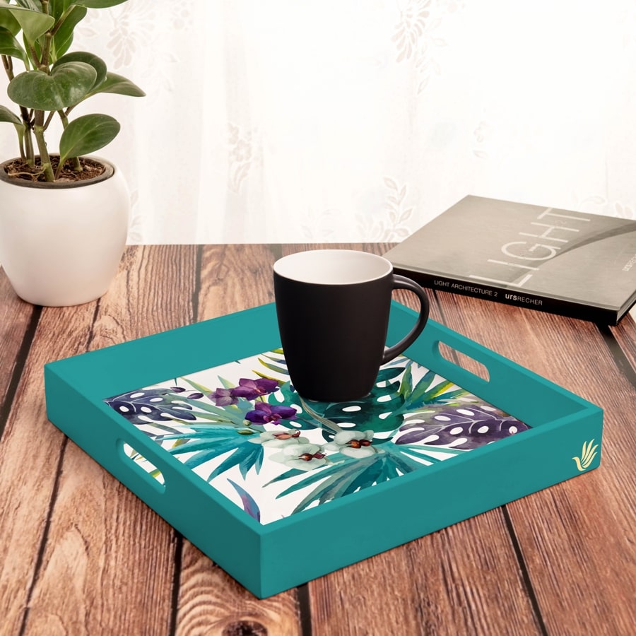 Tropical Palms Serving Tray with Cutout Handles (Wood) 12" x 12"