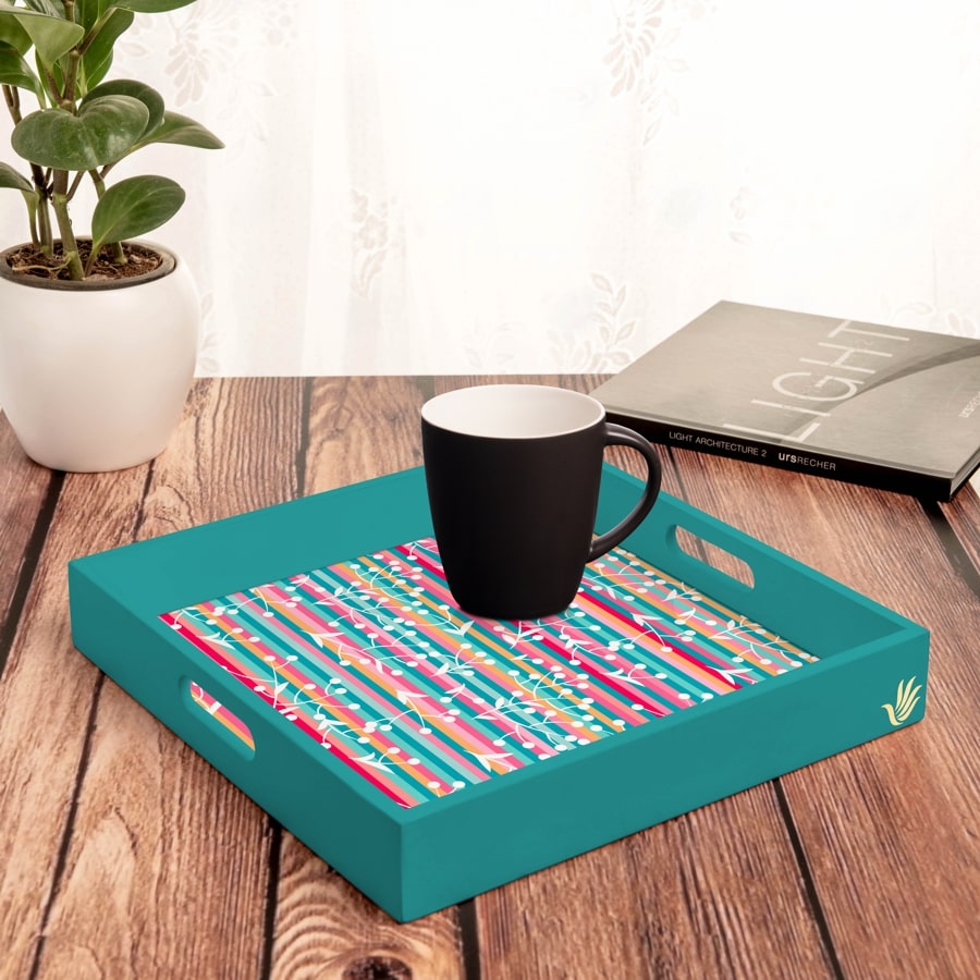 Floral Stripes-T Serving Tray with Cutout Handles (Wood) 12" x 12"