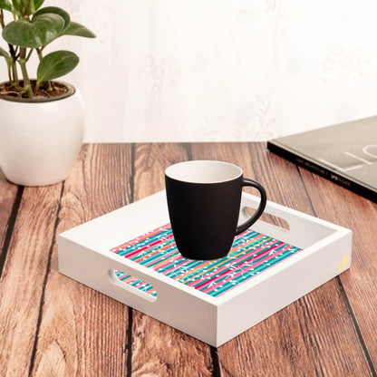 Floral Stripes-W Serving Tray with Cutout Handles (Wood) 9" x 9"
