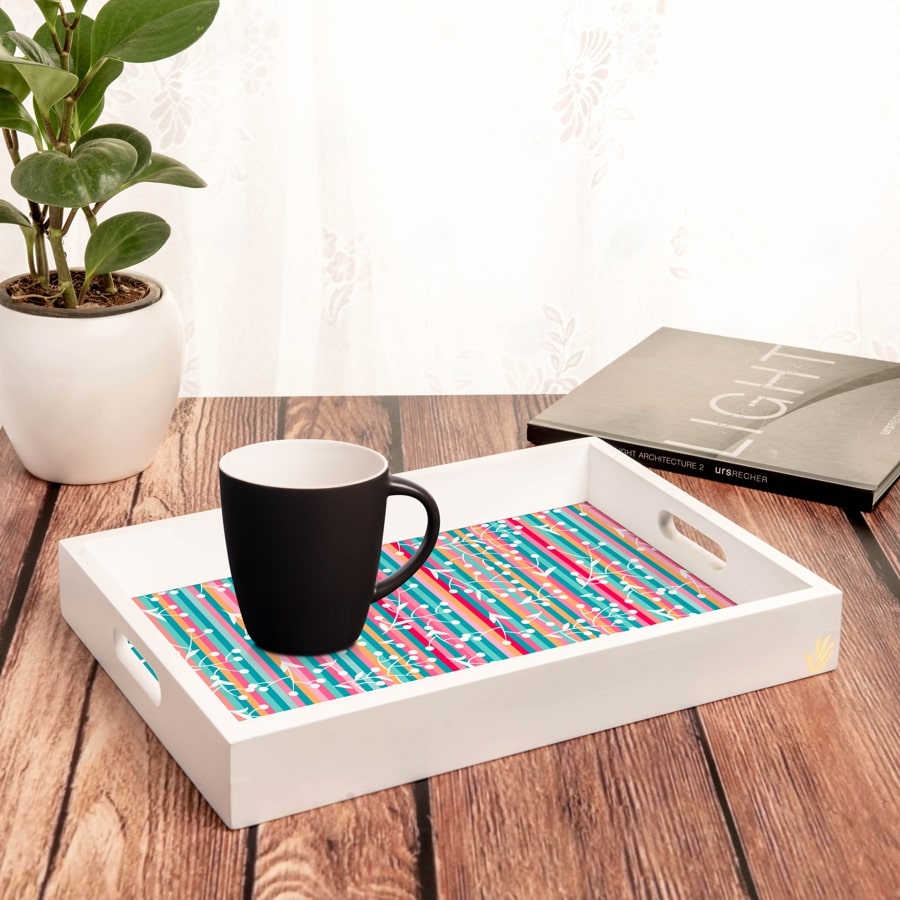 Floral Stripes-W Serving Tray with Cutout Handles (Wood) 10" x 14"