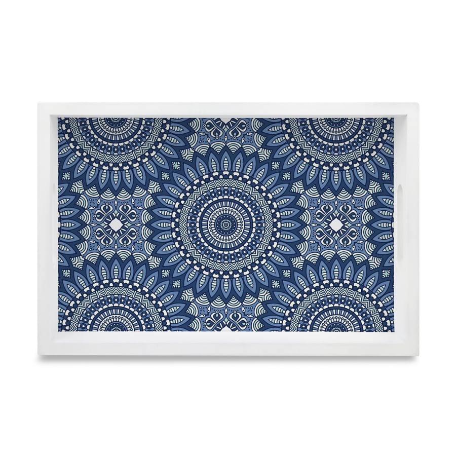 Blue Mandala 2 Serving Tray with Cutout Handles (Wood) 8" x 12"