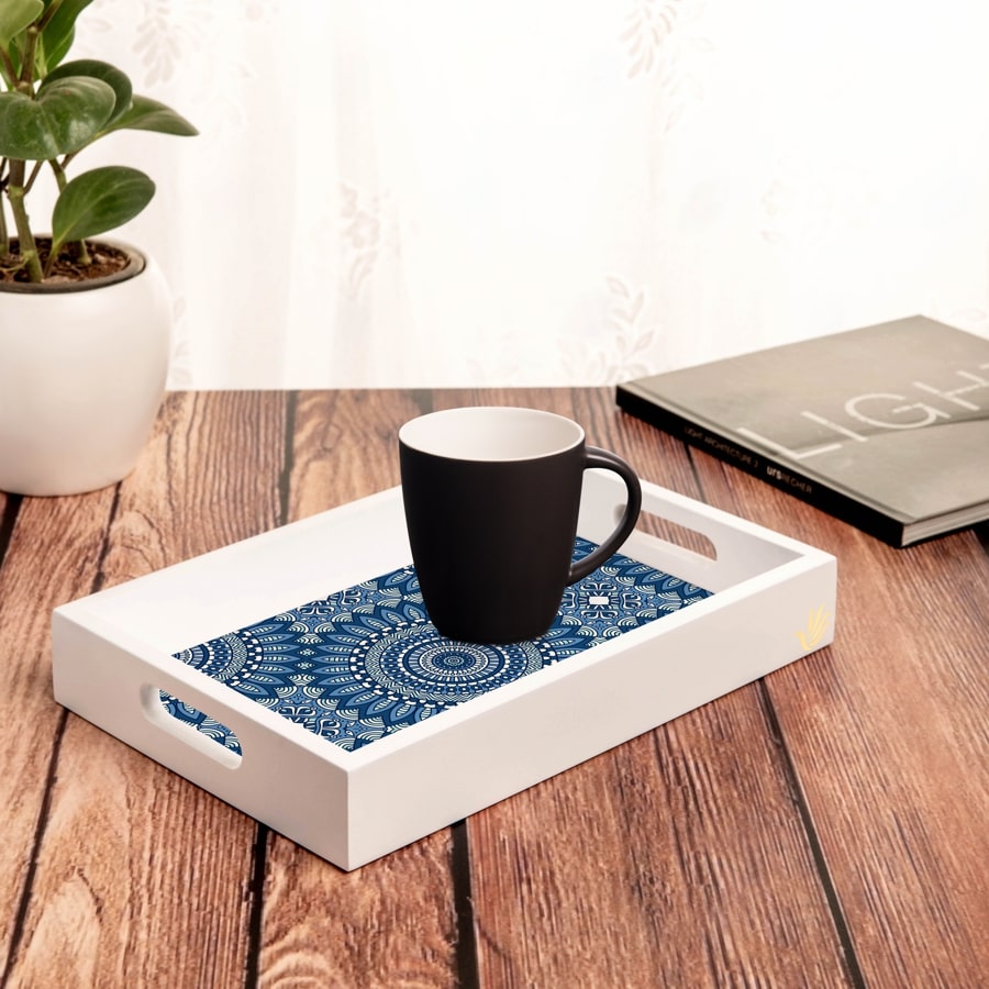 Blue Mandala 2 Serving Tray with Cutout Handles (Wood) 8" x 12"